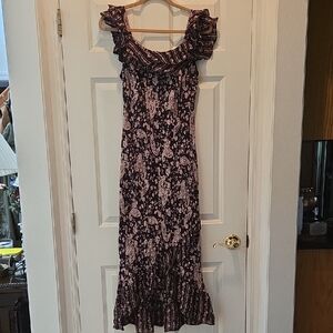 Etam Floral Maxi Dress EU46 Spain Paisley Print Black Euro Ruffle Asymmetrical
